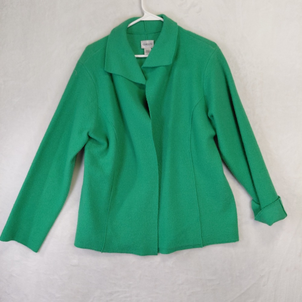 Chicos 100% Wool Open Front Cardigan Jacket Kelly Green Size 1 Medium